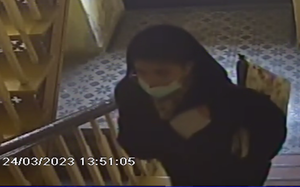 zdjęcie z monitoringu, kobieta wchodzi po schodach