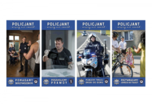 zdjęcie dotyczące rekrutacja do służby w policji, baner podzielony na cztery części z policjantami i napisy policjant więcej niż zawód