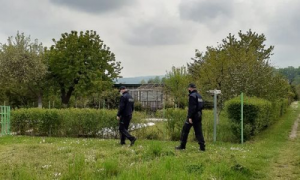 patrol policji idzie przez teren ogródków działkowych