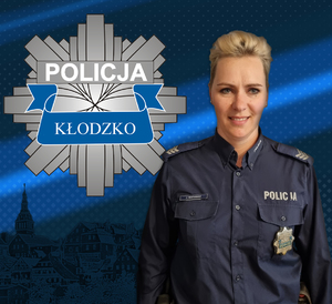 zdjęcie policjantki i logo policji powiatu kłodzkiego