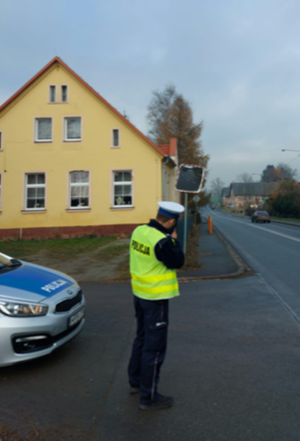 policjant stoi przy drodze, obok zaparkowany radiowóz policyjny