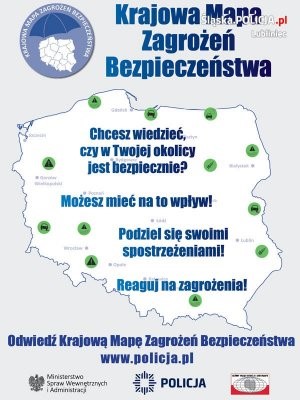 rysunek mapy Polski napis Krajowa Mapa zagrożeń bezpieczeństwa