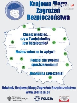 grafika z obrysem mapy kraju i napisem Krajowa Mapa Zagrożeń bezpieczeństwa