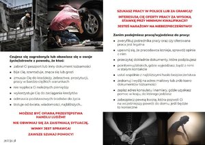 broszura na temat problematyki dotyczącej handlu ludźmi, zdjęcia z wizerunkiem osób oraz tekst prewencyjny