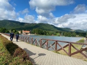 mundurowi idą w kierunku akwenu wodnego, zdjęcie wykonane w porze dziennej