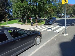 Policjant w mundurze stoi przy przejściu dla pieszych