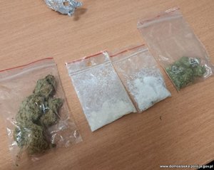 zabezpieczone woreczki z białym proszkiem i suszem roślinnym