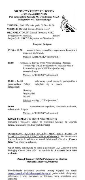 zaproszenie na festyn -teść zaproszenia na zimowy festyn policyjny na Czarnej Górze w dniu 12 stycznia 2024 rroku
