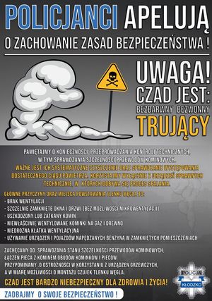 ulotka prewencyjna z napisem Policjanci apelują o zachowanie zasad bezpieczeństwa - dotyczy zasad postepowania aby uniknąć zatrucia czadem