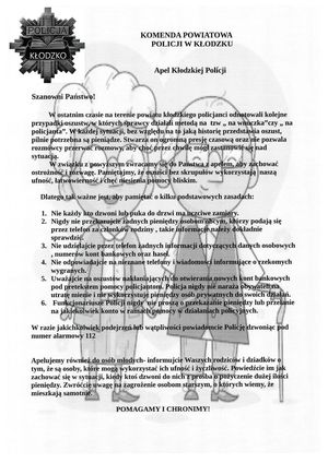 tekst apelu prewencyjnego skierowanego do mieszańców powiatu kłodzkiego z logo policji i rysunkiem dwóch osób