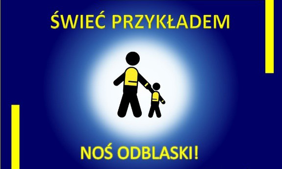 grafika rysunek dwóch osób i napis Świeć Przykładem - Noś Odblaski!