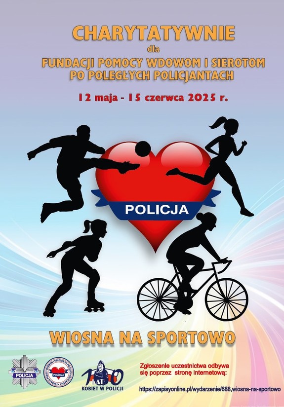 grafika z sercem i sportowcami z napisem charytatywnie  dla fundacji pomocy wdowom i sierotom po poległych policjantach 12 maj -15 czerwca 2025