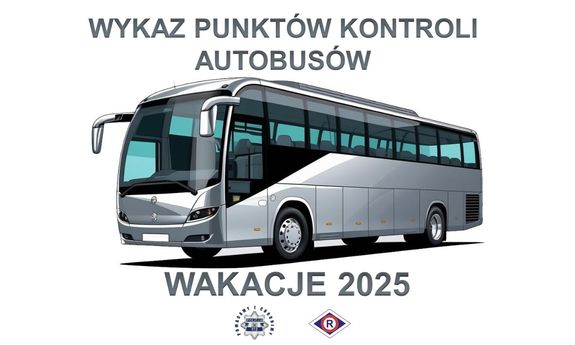 rysunke autobusu i napis- Wykaz punktów kontroli autobusów - wakacje 2025