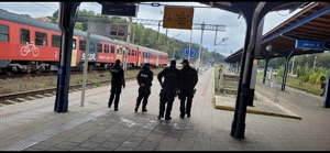 grupa mundurowych policjanci oraz funkcjonariusze służby kolei stoją na terenie stacji kolejowej