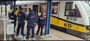 grupa mundurowych policjanci oraz funkcjonariusze służby kolei stoją na terenie stacji kolejowej przy pociągu
