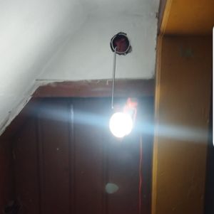 widać wiszące przewody na ścianie i świecąca sie żarówka