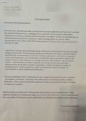 treść listu od mieszkańca Kłodzka dla policjantów skierowany na ręce Komendanta Powiatowego Policji w Kłodzku z podziękowaniami za pomoc udzielona pzrez patrol