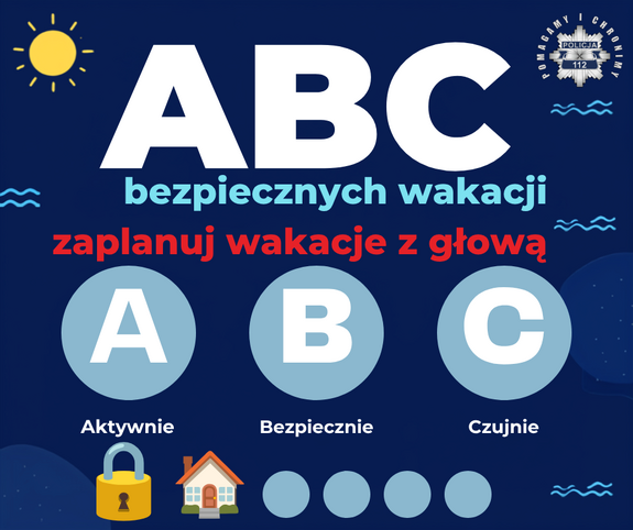 grafika - Aktywnie, bezpiecznie, czujnie. Zaplanuj wypoczynek z głowąABC Bezpiecznych Wakacji – Aktywnie, bezpiecznie, czujnie. Zaplanuj wypoczynek z głową