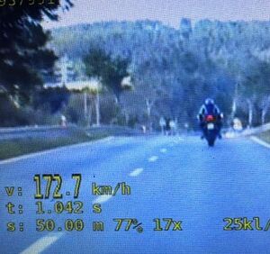 zdjęcie motocykla jadącego po drodze i napisy z prędkością - czasem