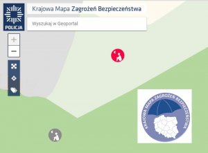 grafika aplikacji Krajowej Mapy Zagrożeń Bezpieczeństwa ze znakami gdzie należy kliknąć, aby wskazać miejsce na aplikacji Krajowej Mapy Zagrożeń Bezpieczeństwa. Grafika kolorowa  dominuje kolor zielony i częściowo niebieski