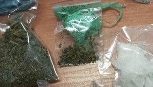 Woreczki foliowe z narkotykami zabezpieczone przez policjantów -susz rośliny-marihuana oraz woreczek z białym proszkiem-amfetamina