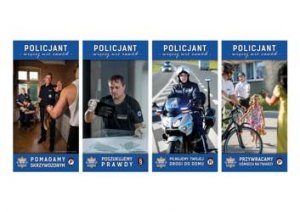 banery reklamowe dotyczące rekrutacji do służby w Policji podzielone na cztery części na których jest napis policjant to więcej niż zawód